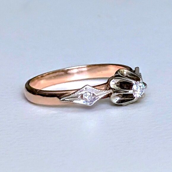 Vintage Russian USSR Solid 14K 585 Rose Pink White Gold Diamond Buttercup Ring - Picture 2 of 16
